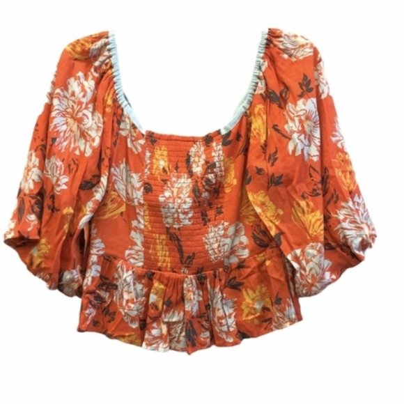 FREE PEOPLE Mirabella Floral Print Top BURNT Orange EUC sz S - Picture 3 of 6